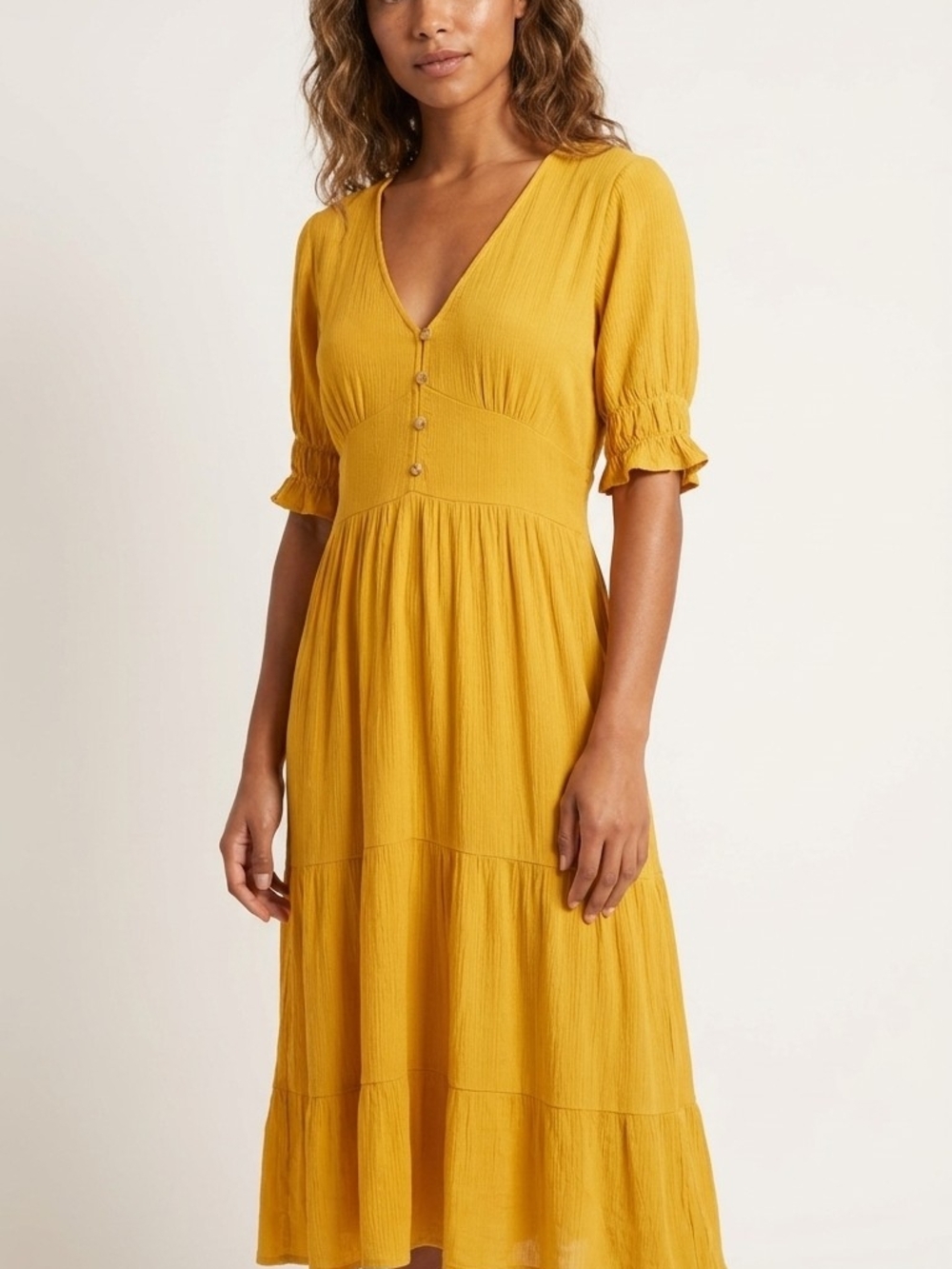V-Neck Tiered Maxi Dress in Mustard Yellow